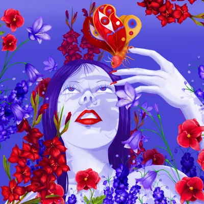 Illustration of 'woman with flowers'. Exercise in stylized realism and warm-cool contrasts.